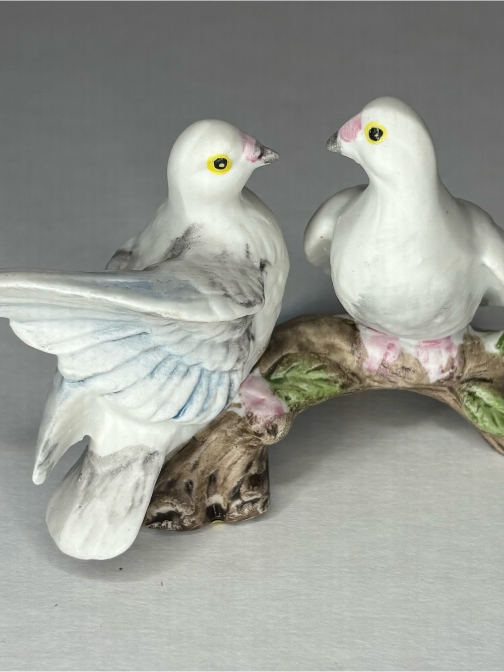 Enesco White Porcelain Dove Pair Figurine with Yellow Eyes and Pink Accents